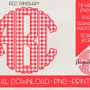 May include: Red and white gingham monogram letters A, B, and C in a circle with a scalloped border. 78 high resolution PNG files, 300 DPI, transparent background. Digital download, printable.