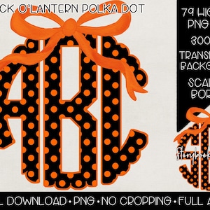 May include: A digital graphic set featuring the letters ABC and SBS in a black and orange polka dot pattern with a scalloped border and an orange bow. Text includes JACK O'LANTERN POLKA DOT, 79 HIGH RES PNG FILES, 300 DPI, TRANSPARENT BACKGROUND, SCALLOP BORDER, STORYBOOK SKETCHES, DIGITAL DOWNLOAD, PNG, NO CROPPING, FULL ALPHA.
