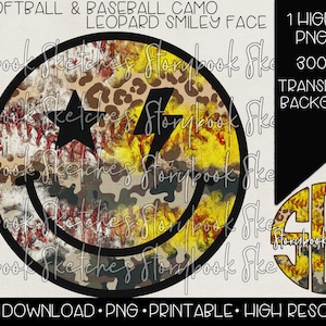 Smiley baseball softball camouflage léopard en détresse PNG | Téléchargement numérique | Smiley Grunge PNG | Visage souriant au baseball softball