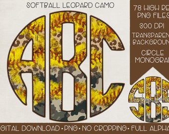 Softball Monogram PNG | Digital Download | Distressed Camo Leopard Softball Monogram PNG | Grunge Softball Alpha PNG