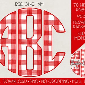 Könnte beinhalten: Rote und weiße Gingham-Kreis-Monogramm-Buchstaben A, B und C. 78 hochauflösende PNG-Dateien, 300 DPI, transparenter Hintergrund. Digitaler Download.