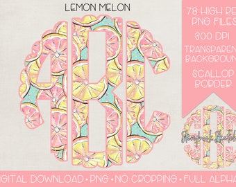 Lemon Melon Scallop Monogram PNG | Digital Download | Full Alphabet | Summer Lemon Monogram PNG | Mint Lemon Monogram Alpha PNG | Summer png