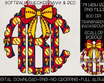Navy & Red Softball Checker Bow Monogram PNG | Digital Download | Softball Coquette Monogram PNG | Blue Red Softball Checker Bow Monogram