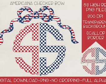 Patriotic Americana Checker Bow Monogram PNG | Digital Download | Full Alpha | American Flag Monogram PNG |
