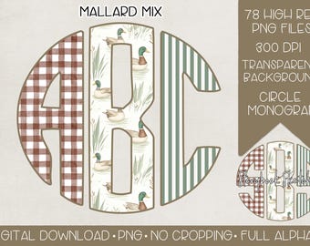 Mallard Duck Mix Monogram PNG | Digital Download | Full Alpha Included | Preppy Summer Gingham Stripe Mallard Duck Boys Circle Monogram PNG