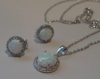 Sterling Silver Ethiopian Opal Necklace Earring Set, Cubic Zirconia Halo, Wedding Party Jewelry