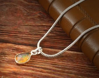 Ethiopian Opal Teardrop Pendant - Sterling Silver Beaded Choker