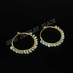 Natural Ethiopian Opal Hoop Earring, Sterling Silver Gold Plated Earring, Fire Opal Beads hoops, Gemstone Jewelry,October Birthstone Earring