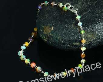 Sterling Silver Ethiopian Opal Beaded Bracelet - October Birthstone Jewelry