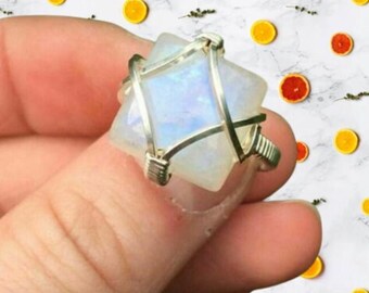 Handmade Wire Wrap Rainbow Moonstone Ring: Sterling Silver Band