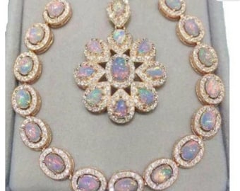 Rose Gold Plated Opal Pendant Bracelet Set, Ethiopian Opal, October Birthday