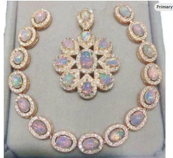 Rose Gold Plated Opal Pendant Bracelet Set, Ethiopian Opal, October Birthday
