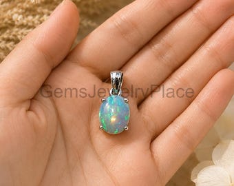 Natural Ethiopian Opal Pendant, Sterling Silver Oval Charm, October Birthstone Jewelry
