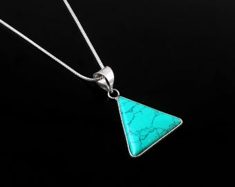 Handmade Triangle Turquoise Pendant Necklace, 925 Sterling Silver Geometric Boho Jewelry