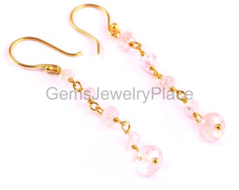 Orecchini pendenti in quarzo rosa placcati oro 14 carati, gemma rosa cipria pendente, minimalisti lunghi