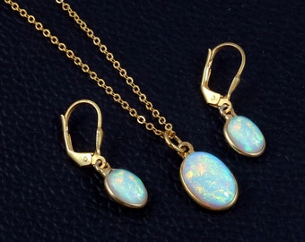 Natural Ethiopian Opal Necklace and Earrings Set, Gold Plated Sterling Silver
