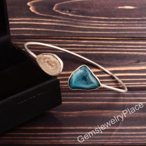 Sterling Silver Agate Druzy Bangle: Adjustable Handmade Bracelet
