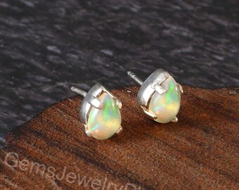Pear Shaped Ethiopian Opal Stud Earrings, Sterling Silver Teardrop Minimalist Jewelry