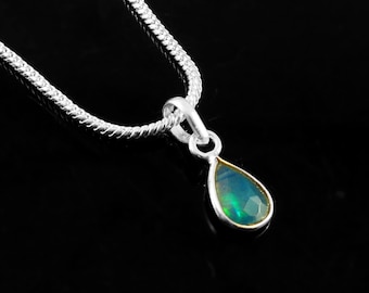 Elegant Blue Green Opal Necklace — Sterling Silver Teardrop Pendant — Delicate Women’s Gemstone Jewelry