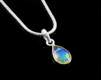 Dainty Blue Green Opal Necklace — Sterling Silver Drop Pendant — Simple Chic Jewelry Gift