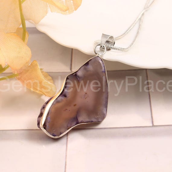 Pendentif Ancien En Argent 925 Massif Style Art Déco Avec Tranche D'Agate - Occasion