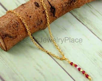 14K Gold Plated Ruby Drop Necklace, Minimalist Red Gemstone Pendant, July Birthstone Chain