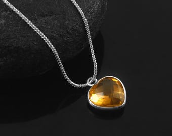 Handmade 925 Sterling Silver Citrine Heart Pendant Necklace with Natural Yellow Gemstone