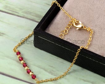 14K Gold Plated Ruby Bracelet, Dainty Chain, Minimalist July Birthstone Jewelry