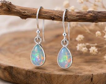 Sterling Silver Ethiopian Opal Teardrop Dangle Earrings, Minimalist Boho Jewelry