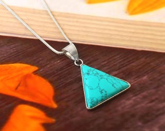Turquoise Triangle Pendant Necklace | Natural Blue Turquoise Gemstone in 925 Silver Setting