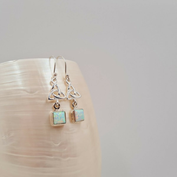 Square Ethiopian Opal Earrings: Sterling Silver Celtic Dangle