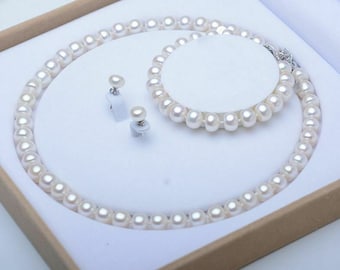 Sterling Silver Mother of Pearl Jewelry Set: Handmade Pearl Necklace, Bracelet & Earrings