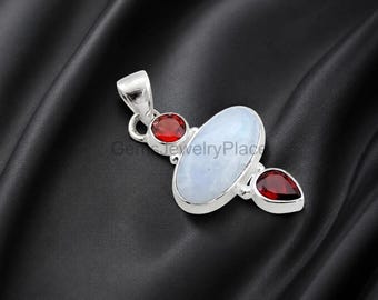 Handmade Sterling Silver Moonstone Garnet Pendant Necklace, Boho Luxury Jewelry
