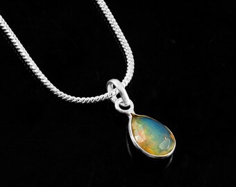 Blue Green Opal Crystal Teardrop Necklace — Sterling Silver Pendant — Dainty Fine Jewelry Gift