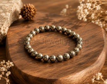 Natural Pyrite Bead Bracelet, Wealth Attraction, Protection Crystal Jewelry