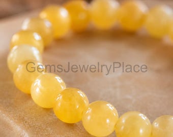 Natural Yellow Jade Gemstone Bead Bracelet, Stretch Crystal Energy Healing Jewelry