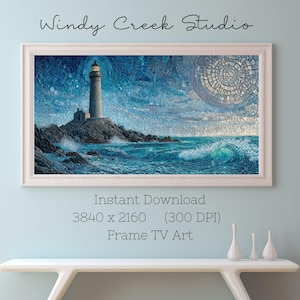 Coastal Lighthouse Oil Painting Frame TV Art, 4K JPG (Digital Download)