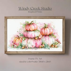 Aquarel fotolijst met roze gestapelde pompoenen, ideaal als tv-decoratie, direct digitaal te downloaden.