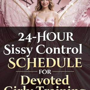 Puede incluir: Una mujer con un top de satén rosa y un vestido marrón oscuro, con grandes alas rosas y doradas. La imagen tiene el texto "24-HOUR Sissy Control SCHEDULE FOR Devoted Girly Training."