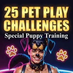 Może przedstawiać: Obraz promocyjny z tekstem "25 PET PLAY CHALLENGES Special Puppy Training" w złotych literach. Osoba nosi nakrycie głowy i obrożę z motywem psa, z odciskami łap po obu stronach. Tło jest ciemne z neonowymi akcentami.