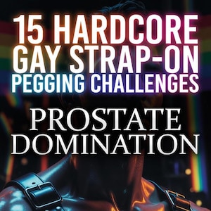 Puede incluir: Un gráfico digital con el texto 15 HARDCORE GAY STRAP-ON PEGGING CHALLENGES PROSTATE DOMINATION en letras blancas y de neón brillante. El fondo muestra una bandera arcoíris borrosa y una persona con correas de cuero negro.