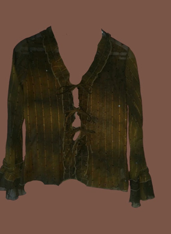 Green Tie and Dye Mesh and Sequins Blouse M