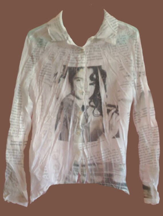 Black and White Newspaper Frills Blouse M