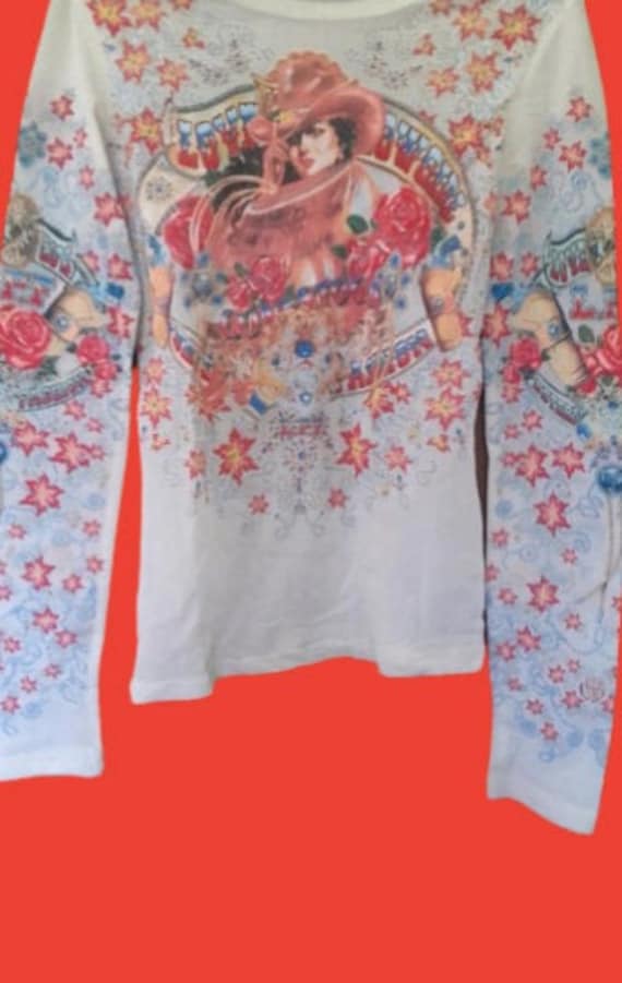 White and Multicolor Cowgirl Print Mesh Top XS