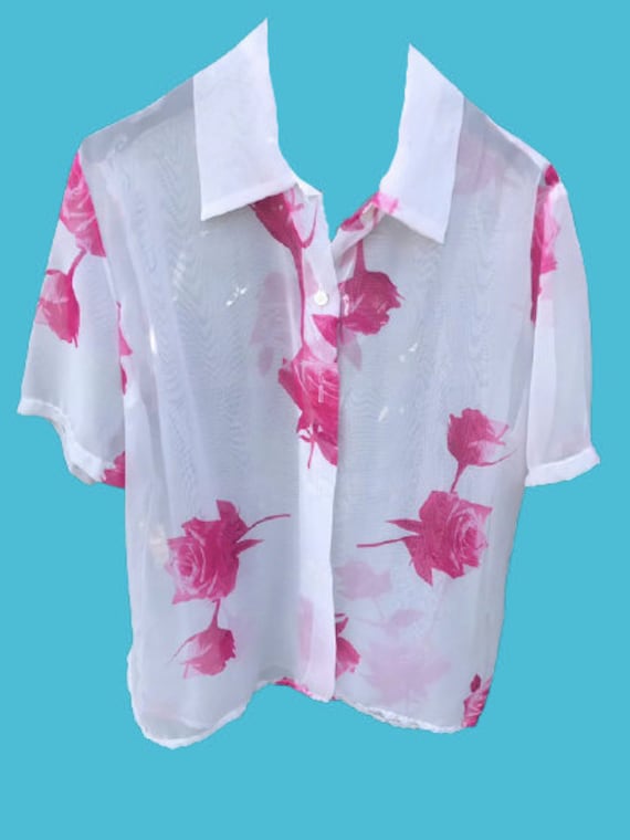 White and Pink Flowers Print Blouse L