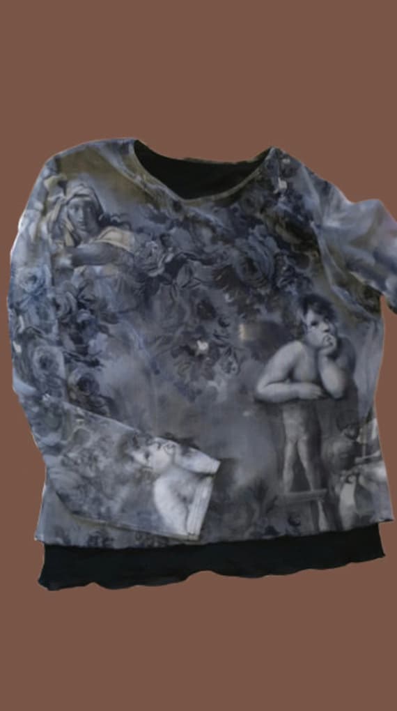 Grey Painting Angles Double Tee Shirt Mesh Top L