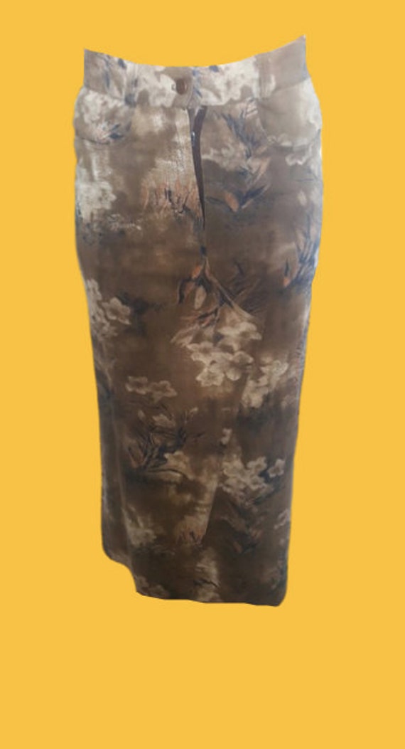 Beige and Brown Print Flowers Long Skirt M