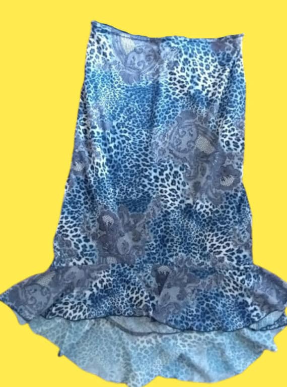 Blue Leopard and Laced Print Fluid Skirt L