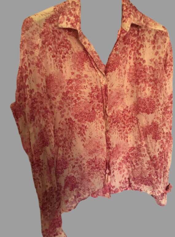 White and Pink Painted Flowers Transparent Blouse
