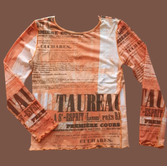 Orange and Black Letters Newspaper Mesh Top M